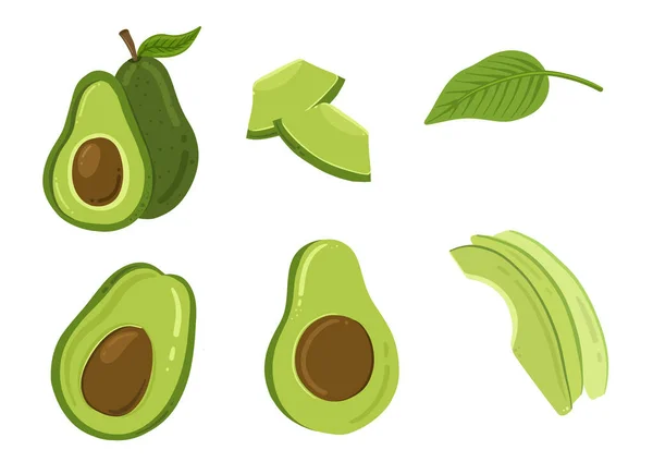 Avocadosatz Mit Blättern Obst Cartoon Doodle Illustration Vektorillustration — Stockvektor