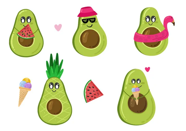 Lustige Avocados Objektsammlung Mit Blatt Avocado Übung Sommer Lustige Avocadofrucht — Stockvektor