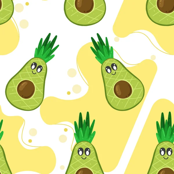 Green Cute Avocado Seamless Pattern Avocado Pineapple Summer Pattern Avocado — Stock Vector