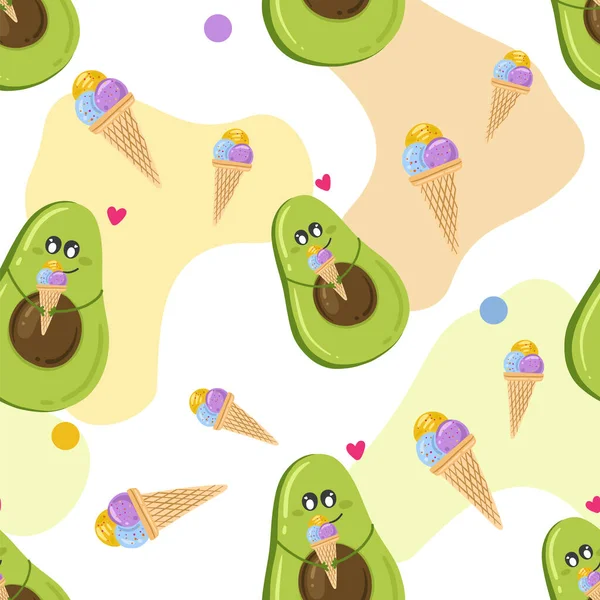 Green Cute Avocado Seamless Pattern Ice Cream Summer Pattern Avocado — Stock Vector