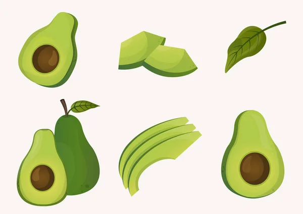 Avocadosatz Mit Blättern Obst Cartoon Stil Vektorillustration — Stockvektor