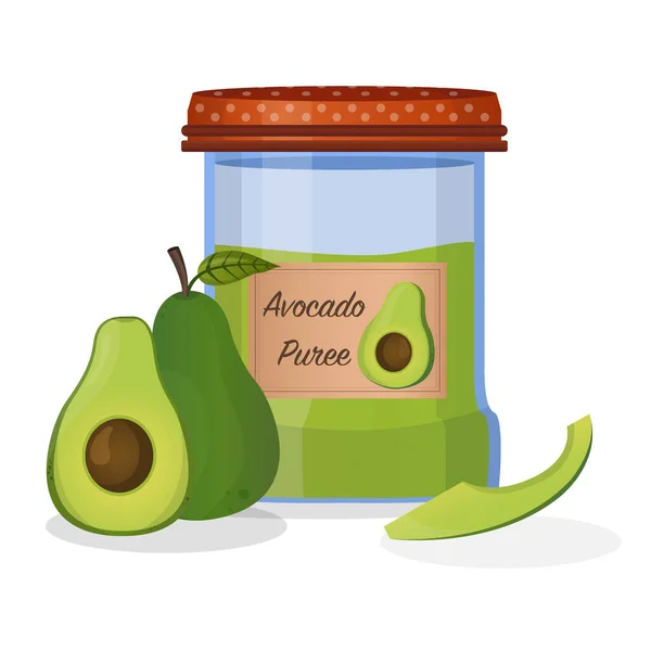 Avokádópüré Egy Üvegben Avokádó Guacamole Vektor Élelmiszer Illusztráció Rajzfilm Stílusban — Stock Vector