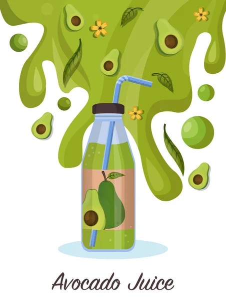 玻璃瓶里的新鲜鳄梨汁概念 鳄梨滴在果汁飞溅和波纹上 矢量说明 — 图库矢量图片
