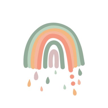 Rainbow hand drawn in boho style. Pastel color hand-drawn nursery modern rainbow poster. Cute design for baby shower, kids clothes print, card. Scandinavian minimalist style. Vector illustration