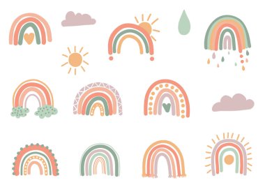 Hand Drawn Boho Rainbows. Cute Set in Pastel and Earthy Colors. Vector Isolated Elements. Scandinavian Style. Neutral Nursery Art Design for Room Decoration, Printing on Textiles or Wall Decal. Vector