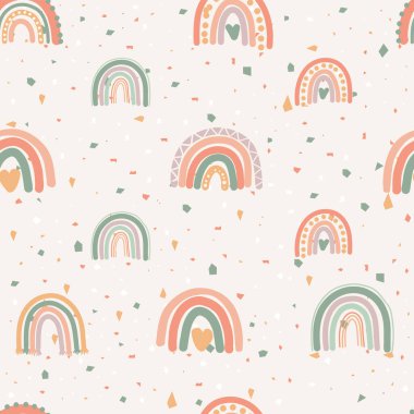 Abstract seamless background with terrazzo and simple geometric rainbows. Simple striped arc bows on a colorful mosaic texture. Childrens vector background in scandinavian style in bright multicolor
