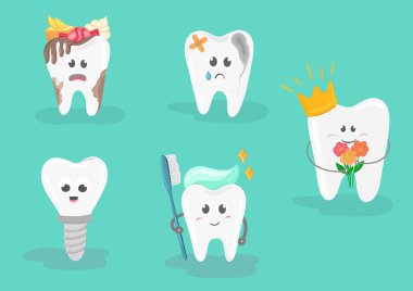 Sağlıklı ve hastalıklı dişleri olan sevimli dişler. Stomatoloji, diş konsepti. Düz stil çizgi film karakteri çizimi. Diş hekimlerinin ilgilendiği pankart. Dişlerine dikkat et. Vektör illüstrasyonu