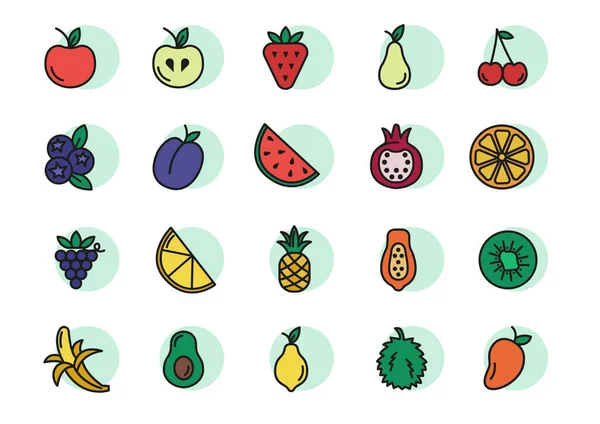Cores Frutas Ícones Set Ilustração Vetorial — Vetor de Stock