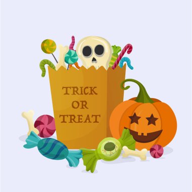 Karikatür cadılar bayramı tatlı çantası, şekerler tekstil, afişler, duvar kağıtları, ambalaj - vektör tasarımı için harika. Vektör illüstrasyonu