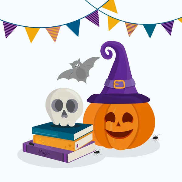 Tło Halloween Dynia Kapeluszu Magicznymi Książkami Kartka Życzeniami Imprezę Sprzedaż — Wektor stockowy
