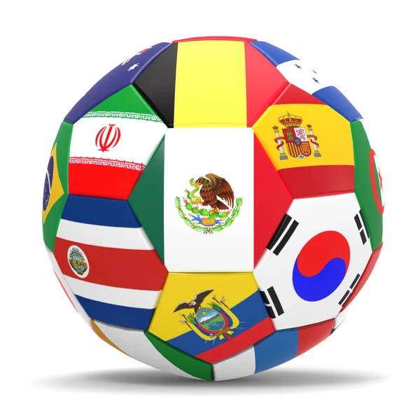 3D render van voetbal en vlaggen die alle landen in 2014 deel aan het Wereldkampioenschap voetbal in Brazilië vertegenwoordigen — Stockfoto