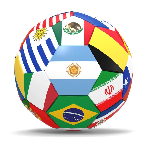 Representación 3D del fútbol y banderas que representan a todos los países que participan en la Copa del Mundo de fútbol en Brasil en 2014 — Foto de Stock