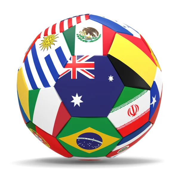 3D καθιστούν του ποδοσφαίρου και σημαίες που αντιπροσωπεύουν όλες χώρες που συμμετέχουν στο Παγκόσμιο Κύπελλο ποδοσφαίρου στη Βραζιλία το 2014 — Φωτογραφία Αρχείου