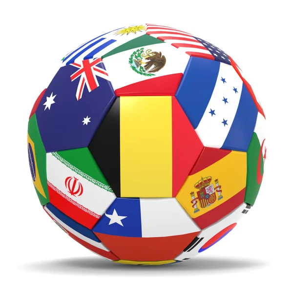 Rendering 3D di calcio e bandiere in rappresentanza di tutti i paesi che partecipano ai mondiali di calcio in Brasile nel 2014 — Foto Stock