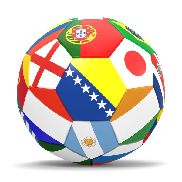 Representación 3D del fútbol y banderas que representan a todos los países que participan en la Copa del Mundo de fútbol en Brasil en 2014 — Foto de Stock