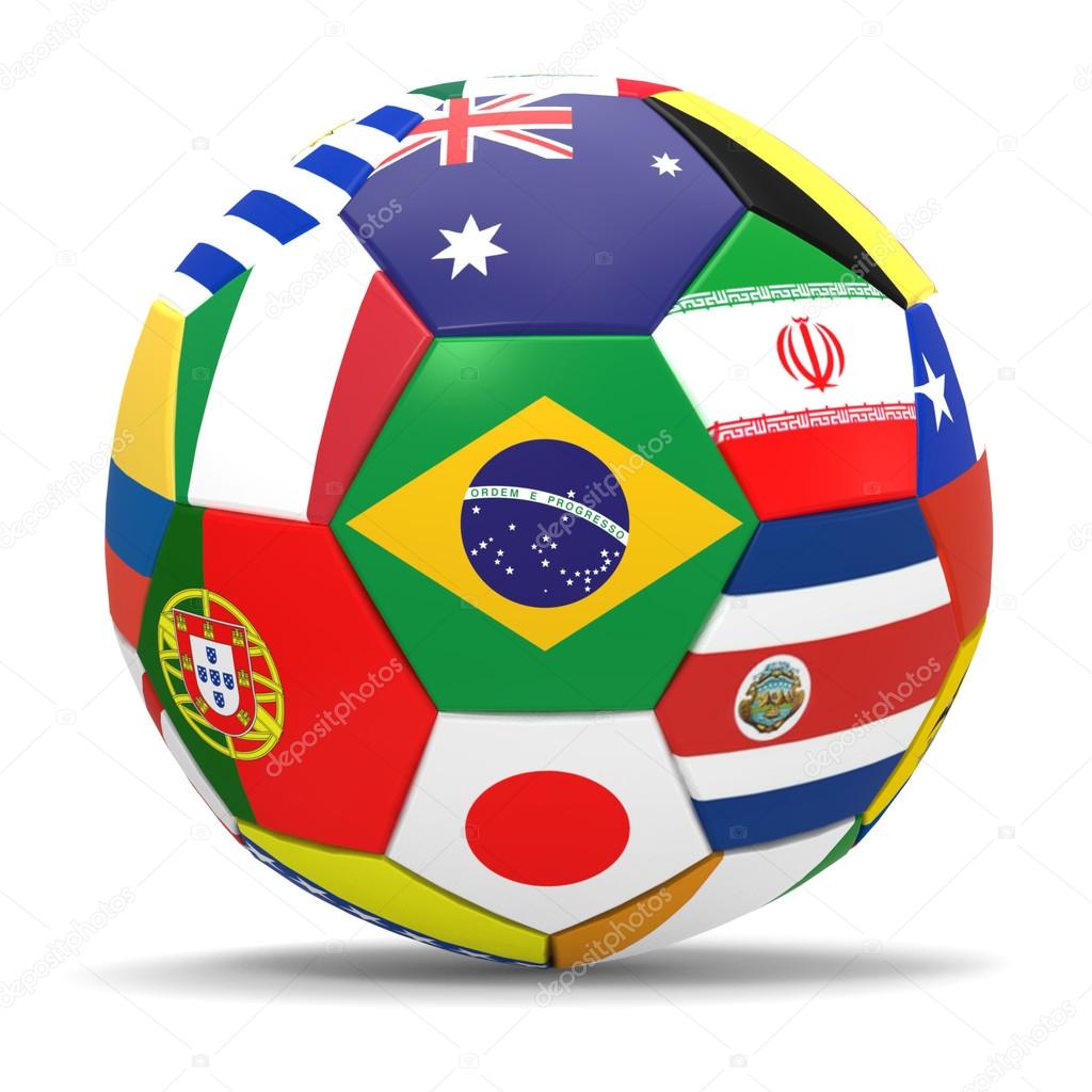 3D render of football and flags representing all countries participating in football world cup in Brazil in 2014