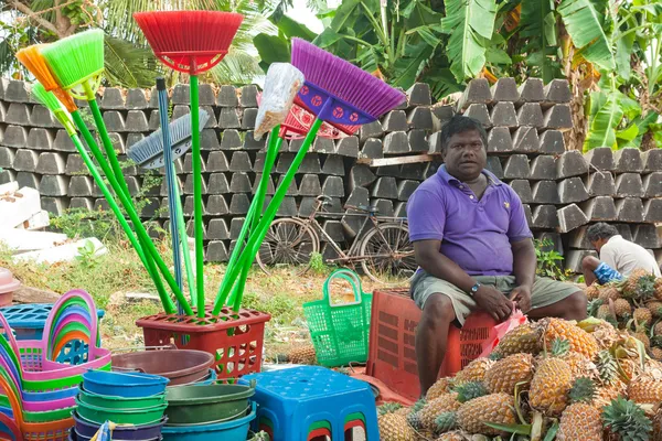 Local street vendor selling plastic products and pineapples — Stock Photo, Image