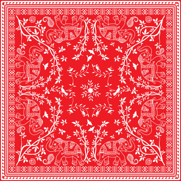 Red and white Elephant Asian square Scarf or Bandana