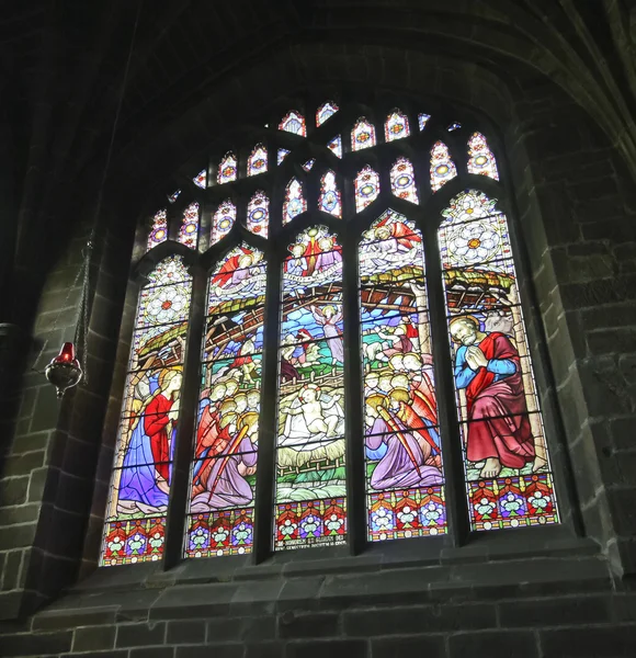 彩绘玻璃大教堂窗口基督降生的场景 — 图库照片