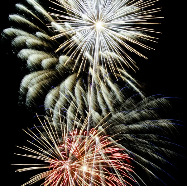 Um céu noturno cheio de fogos de artifício explosivos — Fotografia de Stock