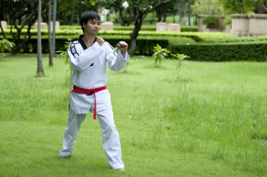Asyalı adam Taekwondo ile oynama