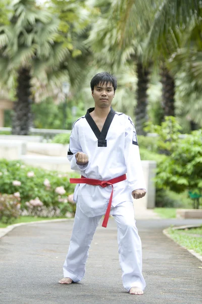 Aziatisch mens spelen met taekwondo — Stockfoto