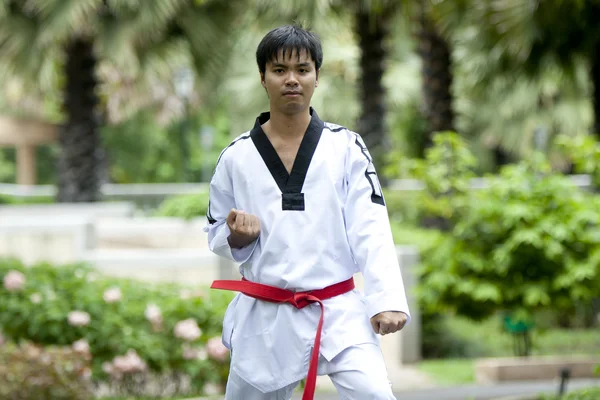 Asiatischer Mann spielt mit Taekwondo — Stockfoto