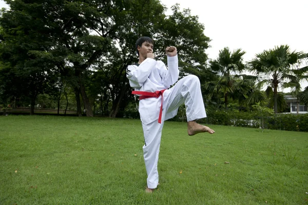 Ásia homem jogar com taekwondo — Fotografia de Stock