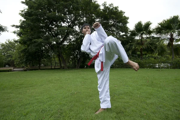 Asiatiska man leker med taekwondo — Stockfoto