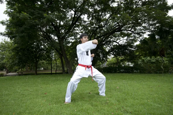 Aziatisch mens spelen met taekwondo — Stockfoto