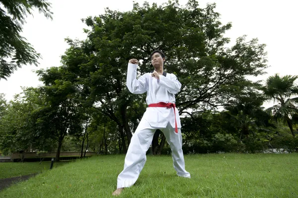 Asiatique homme jouer avec taekwondo — Photo