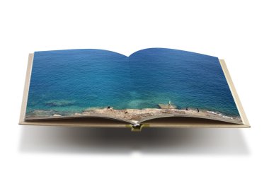 kitap açık okyanus üzerinde beyaz arka plan ile