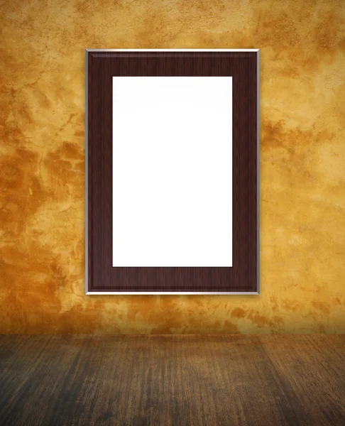 Textura de pared de hormigón amarillo con marco de madera — Foto de Stock