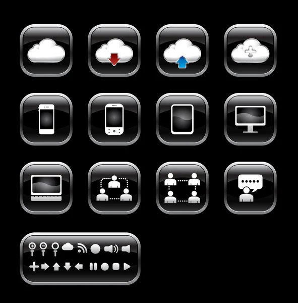 Button with cloud computer icon set.black color glass sty — ストック写真