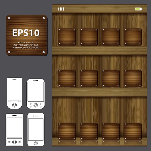 Smartphone con aplicación icono de madera sobre fondo de madera —  Fotos de Stock