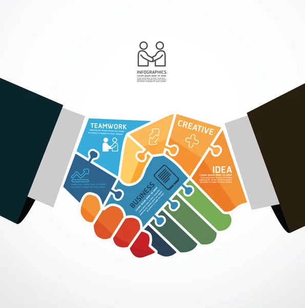 Infographic sjabloon met zakenman Handshake Jigsaw banner . — Stockvector