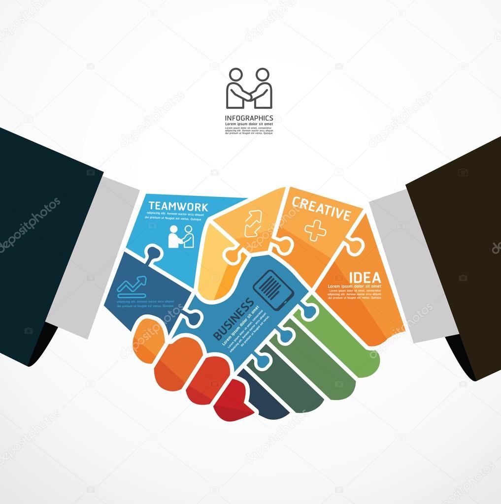 Infographic Template with businessman handshake jigsaw banner .
