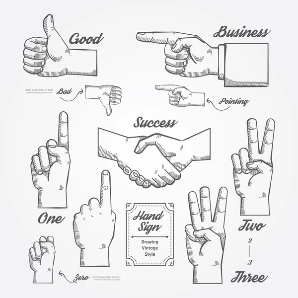Mano y dedo signo garabato dibujado — Vector de stock