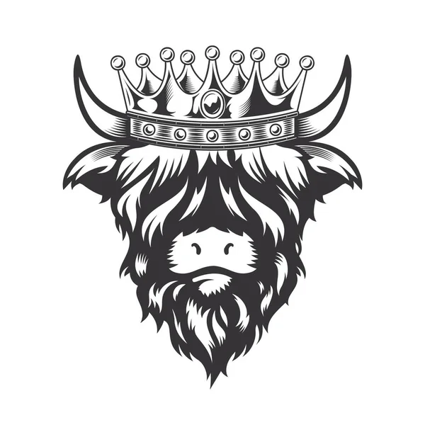 Highland Αγελάδα Βασιλιάς Στέμμα Κεφάλι Σχεδιασμό Λευκό Φόντο Αγροτικό Ζώο — Διανυσματικό Αρχείο