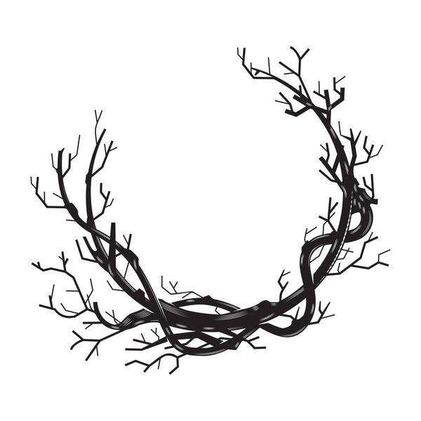 Branches tree roots frame woodcut vintage Line art. clip art vector illustration