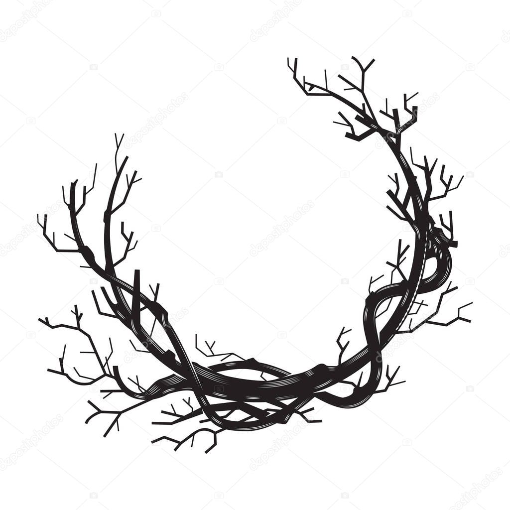 Branches tree roots frame woodcut vintage Line art. clip art vector illustration