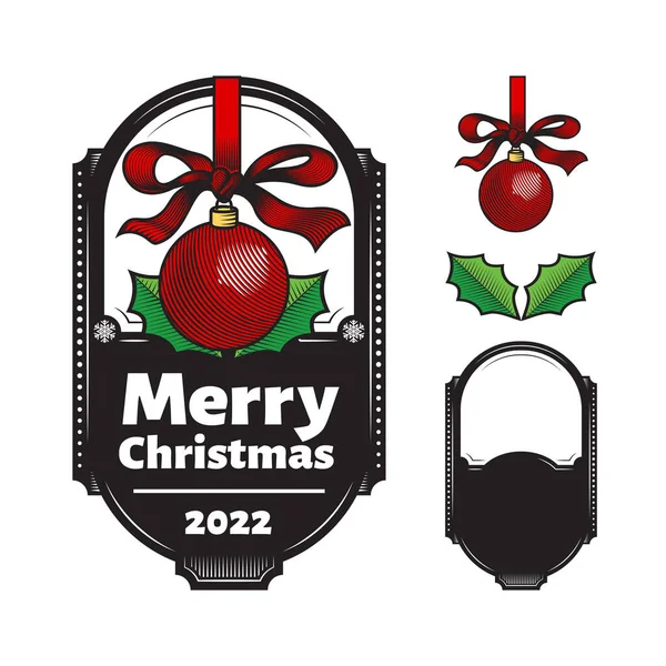 Christmas Ball Line Art Logos Oder Symbole Mit Etikett Vektorillustration — Stockvektor