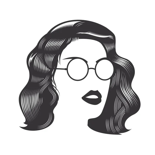 女性面对老式发型的长发和太阳镜矢量线条艺术图解 — 图库矢量图片