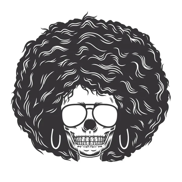 Frau Totenkopf Gesicht Mit Afro Haaren Und Sonnenbrille Vintage Frisuren — Stockvektor