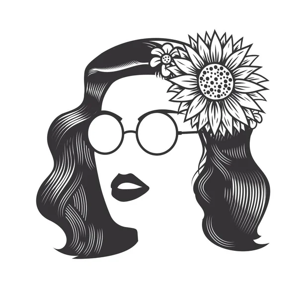 长发女人面对老式的花朵发型和太阳镜矢量线艺术图解 — 图库矢量图片