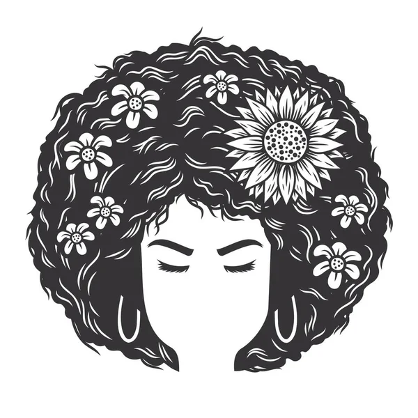 女性面对着非洲和花卉复古的发型矢量线艺术图解 — 图库矢量图片