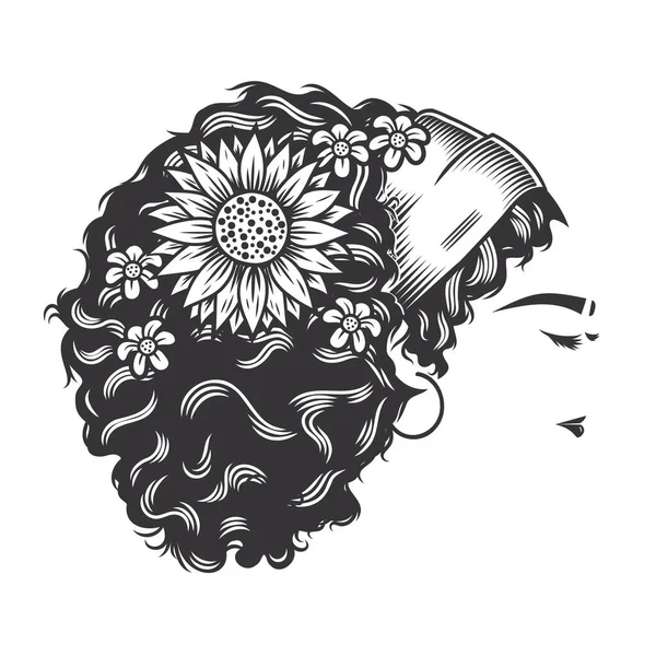 Woman Face Afro Messy Bun Vintage Flower Hairstyles Vector Line — Vettoriale Stock