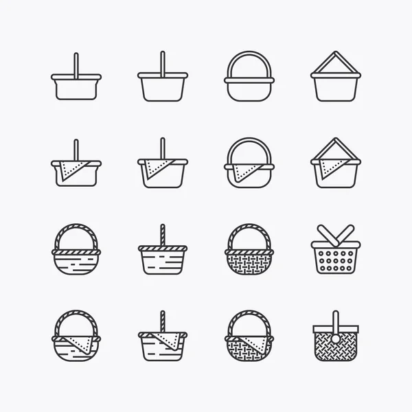 Paquete Colección Iconos Línea Plana Vintage Mimbre Cesta Diseño Simple — Archivo Imágenes Vectoriales