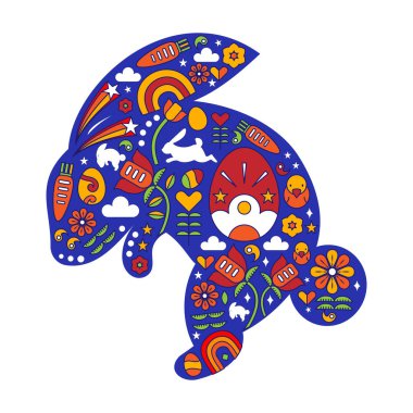 Mutlu Paskalyalar, süslü Paskalya kartları, afişler. Paskalya yumurtaları, çiçekler ve sepet. Halk Sanatı stili tasarımı.