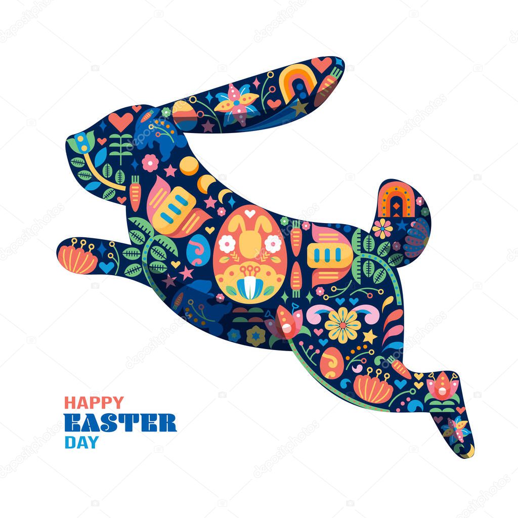 Happy Easter. Cartoon cute folk rabbit with bouquet of flowers pattern vector illustration